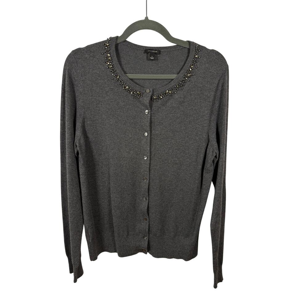Ann Taylor Cardigan Sweater Women's Large Gray Beaded Neckline